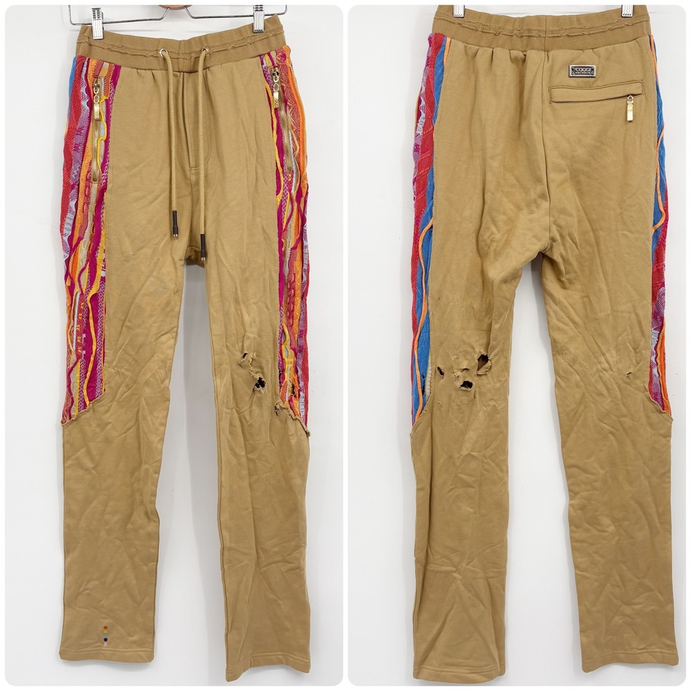 NWT COOGI Mens *FLAWED* Tan Multi-Color 3D Knit Streetwear Sweatpants Size S
